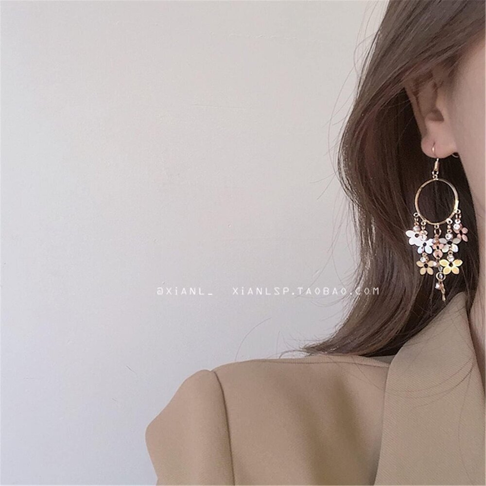 Women's Bohemian Long Colorful Chandelier Tassel Flower Dangle Drop Hoop Earring - Picture 7 of 9